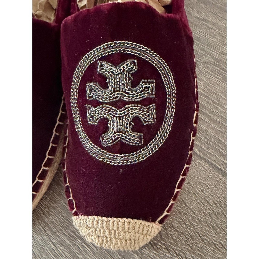 Tory Burch Poppy Metallic Logo Velvet Espadrilles Burgundy Wine 10.5M 5585 - Picture 9 of 16